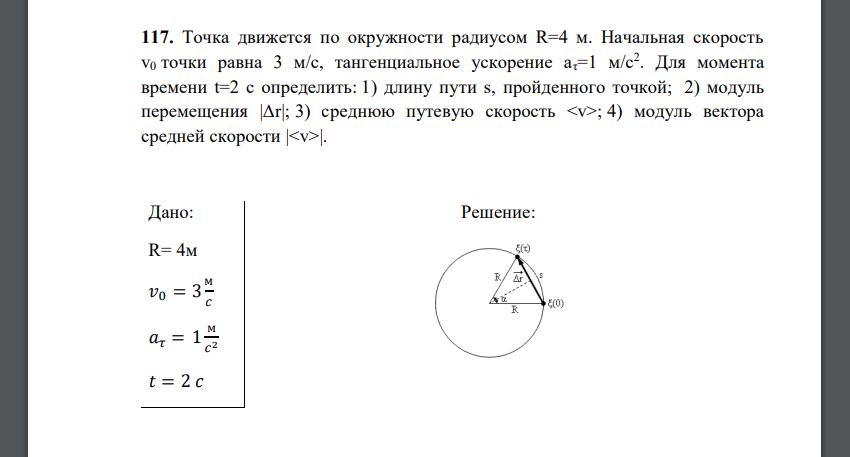 Точка движется по окружности радиусом R=4 м. Начальная скорость v0 точки равна 3 м/с, тангенциальное ускорение