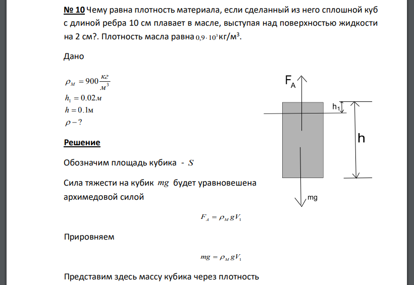 Чему равна плотность материала, если сделанный из него сплошной куб с длиной ребра 10 см плавает в масле, выступая над поверхностью жидкости