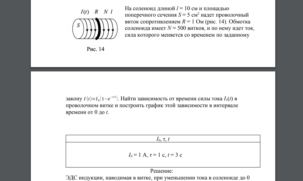 На соленоид длиной l = 10 см и площадью поперечного сечения S = 5 см2 надет проволочный виток сопротивлением R = 1 Ом (рис. 14). Обмотка соленоида имеет