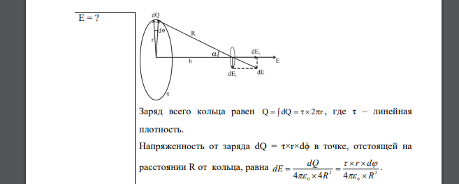 По тонкому кольцу радиусом 𝑟 = 30 см равномерно распределен с линейной плотностью τ = 0,1 мкКл/м заряд