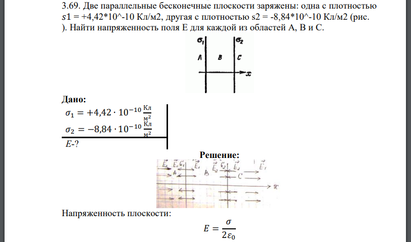 Две параллельные бесконечные плоскости заряжены: одна с плотностью другая с плотностью Найти напряженность поля Е для каждой из областей A, В и С.