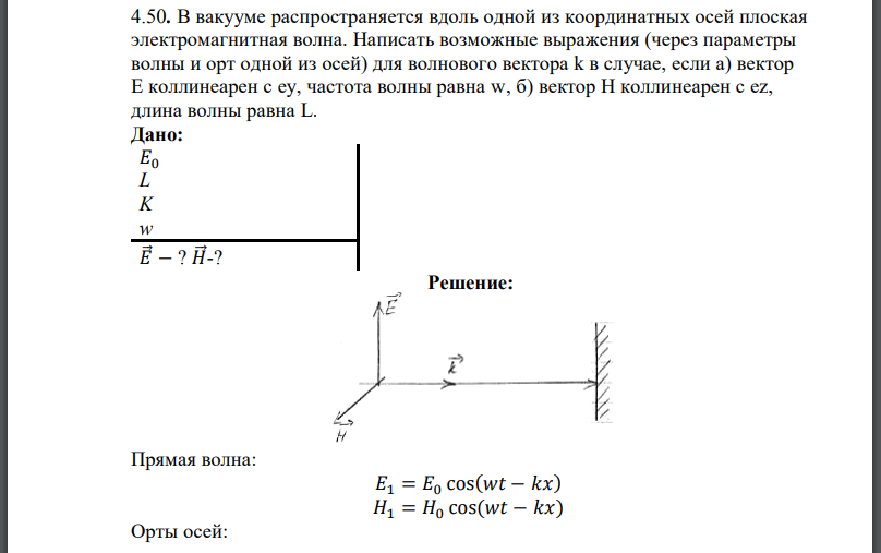 В вакууме распространяется вдоль одной из координатных осей плоская электромагнитная волна. Написать возможные выражения (через параметры