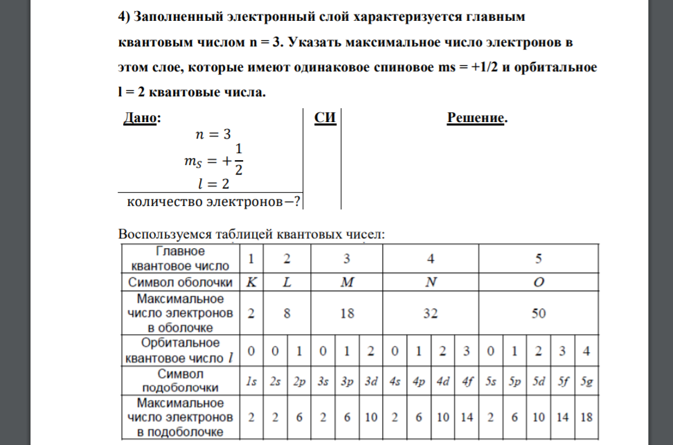 Заполненный электронный слой характеризуется главным квантовым числом n = 3. Указать максимальное число электронов в этом слое, которые имеют