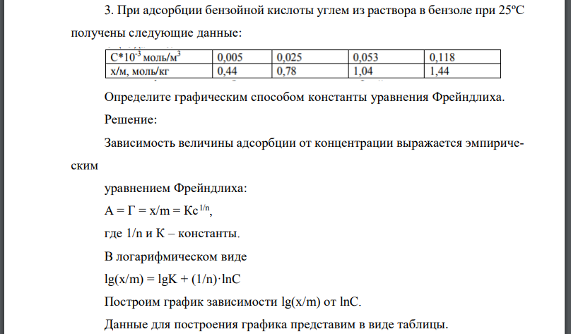 При адсорбции бензойной кислоты углем из раствора в бензоле при 25ºС получены следующие данные: Определите графическим способом константы