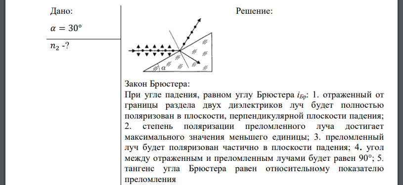 Пучок естественного света падает на стеклянную призму с углом 𝛼 =30° . Определите показатель преломления стекла, если отраженный луч является