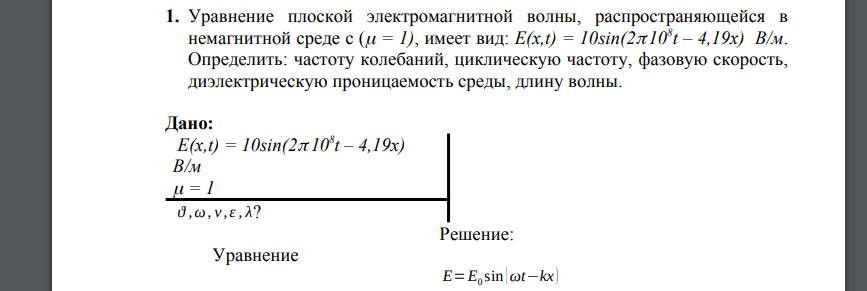 Уравнение плоской электромагнитной волны, распространяющейся в немагнитной среде с ( = 1), имеет вид: E(x,t) = 10sin(2 . 108 t – 4,19x) В/м.