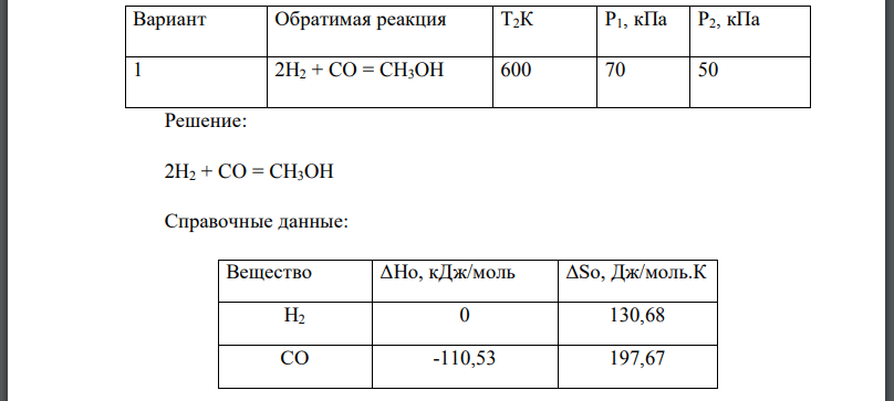 Запишите в тетрадь уравнение реакции вашего варианта (см. табл.): 14. для обратимой газофазной реакции рассчитайте стандартное изменение энергии