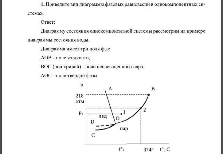 Приведите вид диаграммы фазовых равновесий в однокомпонентных системах