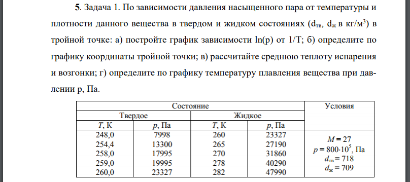 По зависимости давления насыщенного пара от температуры и плотности данного вещества в твердом и жидком состояниях в тройной точке: