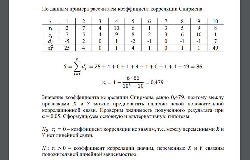 По заданной таблице рангов найти выборочный коэффициент ранговой корреляции Спирмена и проверить значимость полученного результата при α = 0.05. Десять