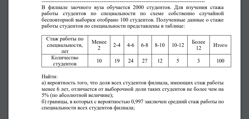 В филиале заочного вуза обучается 2000 студентов. Для изучения стажа работы студентов по специальности по схеме собственно случайной