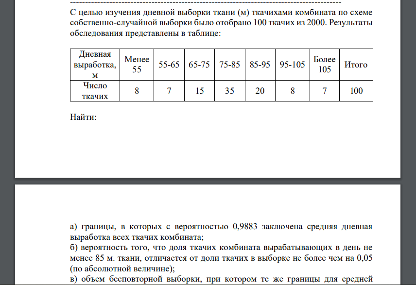 С целью изучения дневной выборки ткани (м) ткачихами комбината по схеме собственно-случайной выборки было отобрано 100 ткачих