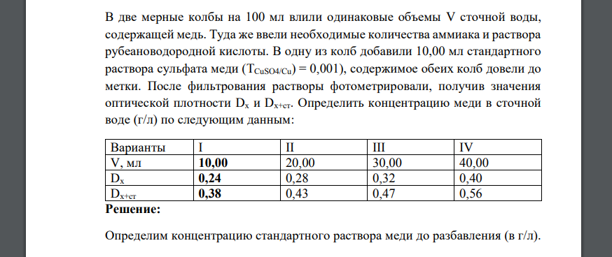 В две мерные колбы на 100 мл влили одинаковые объемы V сточной воды, содержащей медь