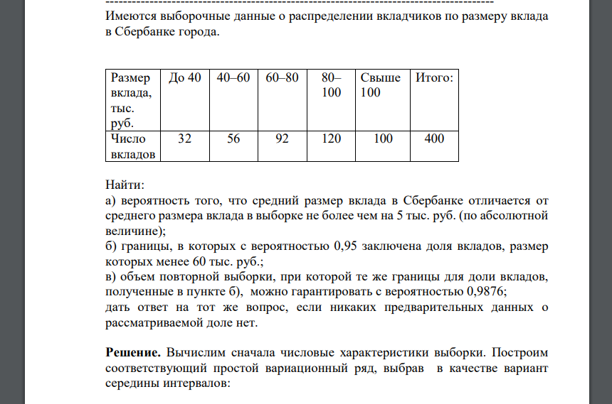 Имеются выборочные данные о распределении вкладчиков по размеру вклада в Сбербанке города. Размер вклада