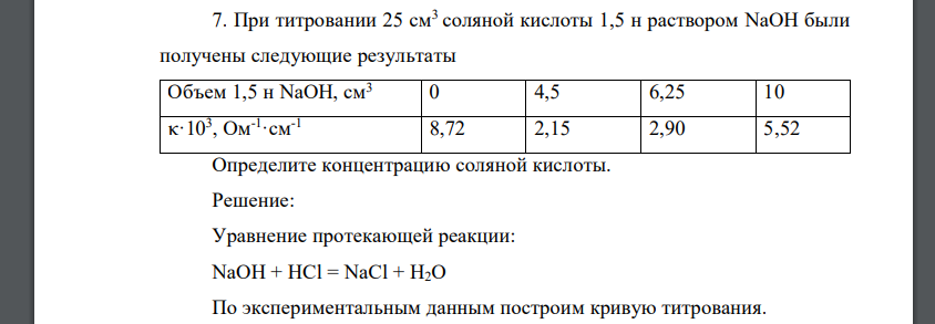 При титровании 25 см3 соляной кислоты 1,5 н раствором NaOH были получены следующие результаты Объем 1,5 н NaOH, см3 0 4,5 6,25 10 κ·103 , Ом-1 ·см-1 8,72 2,15 2,90 5,52 Определите