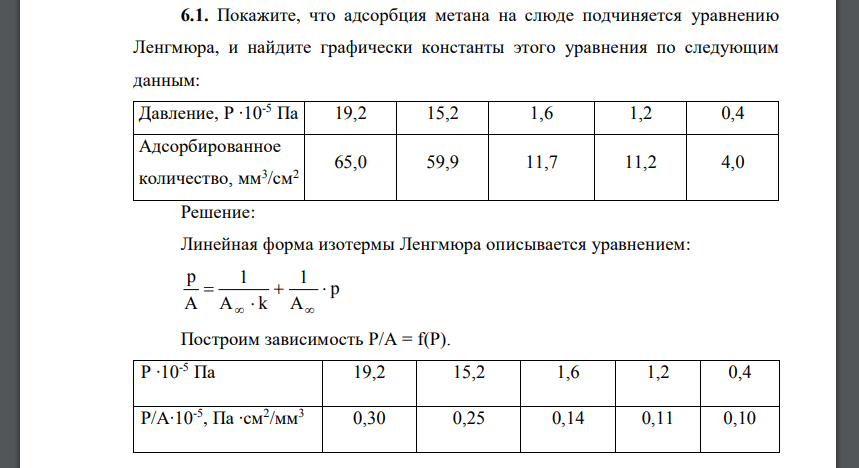 Покажите, что адсорбция метана на слюде подчиняется уравнению Ленгмюра, и найдите графически константы этого уравнения