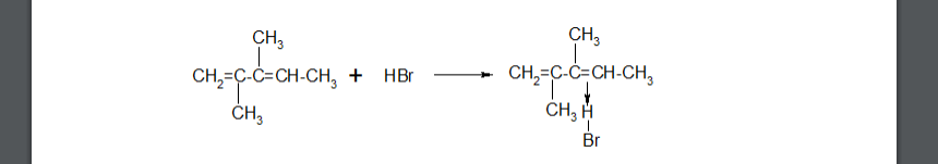 Напишите стадии механизма реакции электрофильного присоединения на примере гидробромирования (1 моль реагента) алкадиена