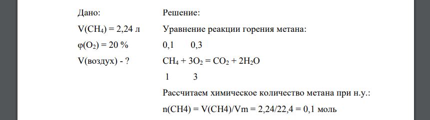 Какой объем воздуха потребуется для горения метана, объемом 2,24л., если кислорода в воздухе