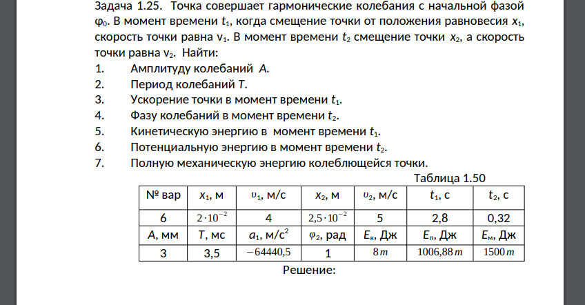 Точка совершает гармонические колебания с начальной фазой φ0. В момент времени t1, когда смещение точки от положения равновесия х1, скорость точки