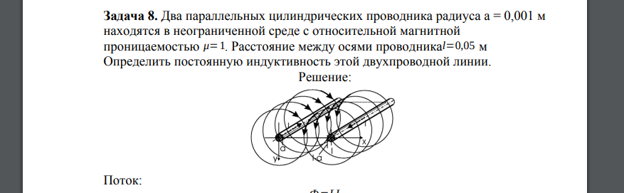 Два параллельных цилиндрических проводника радиуса а = 0,001 м находятся в неограниченной среде с относительной магнитной проницаемостью μ=1. Расстояние между осями проводника