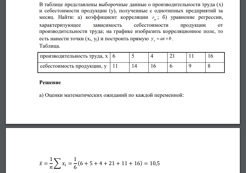 В таблице представлены выборочные данные о производительности труда (x) и себестоимости продукции (у), полученные