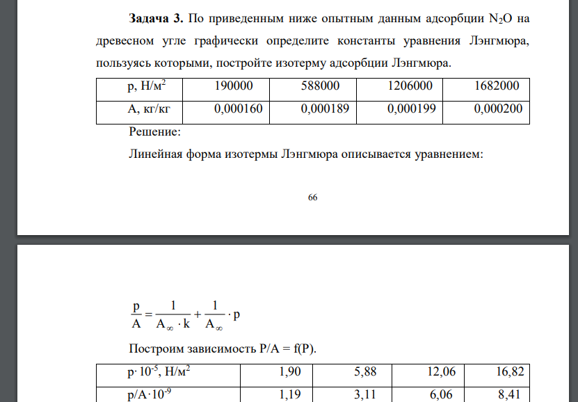 По приведенным ниже опытным данным адсорбции N2O на древесном угле графически определите константы уравнения Лэнгмюра,