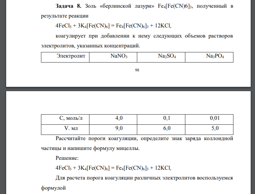 Золь «берлинской лазури» Fe4[Fe(CN)6]3, полученный в результате реакции