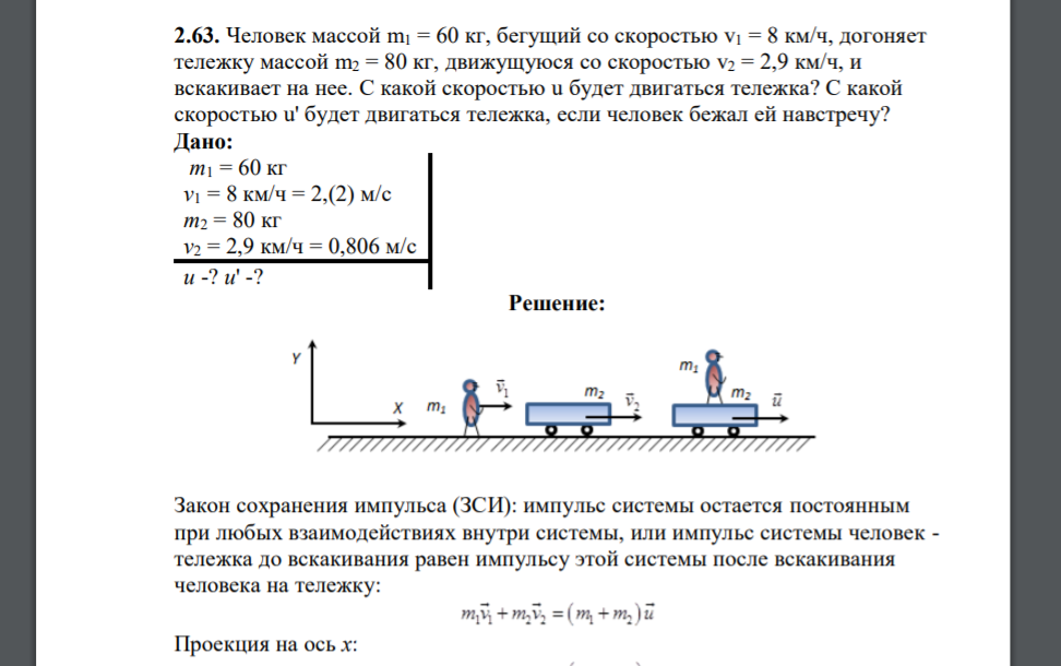 Человек массой m1 = 60 кг, бегущий со скоростью v1 = 8 км/ч, догоняет тележку массой m2 = 80 кг, движущуюся со скоростью v2 = 2,9 км/ч, и вскакивает на нее. С какой скоростью u будет двигаться