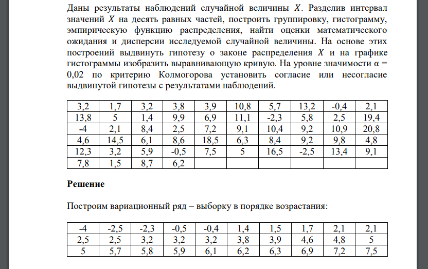 Даны результаты наблюдений случайной величины 𝑋. Разделив интервал значений 𝑋 на десять равных частей, построить группировку, гистограмму, эмпирическую функцию распределения