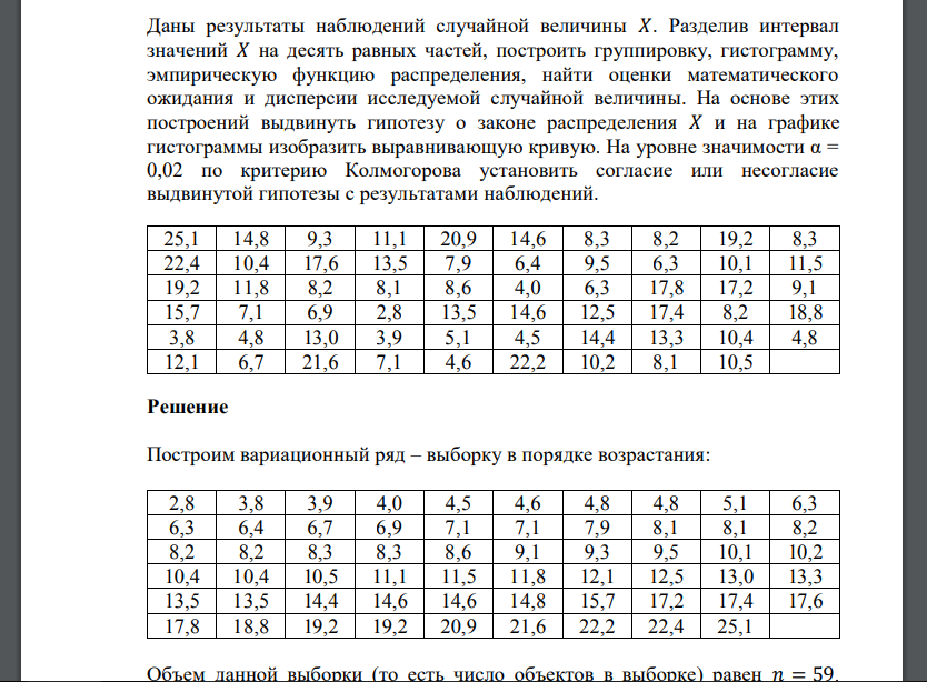 Даны результаты наблюдений случайной величины 𝑋. Разделив интервал значений 𝑋 на десять равных частей, построить