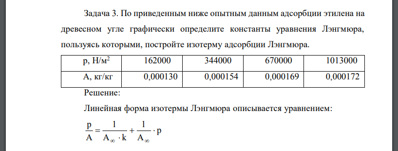 По приведенным ниже опытным данным адсорбции этилена на древесном угле графически определите константы уравнения Лэнгмюра,