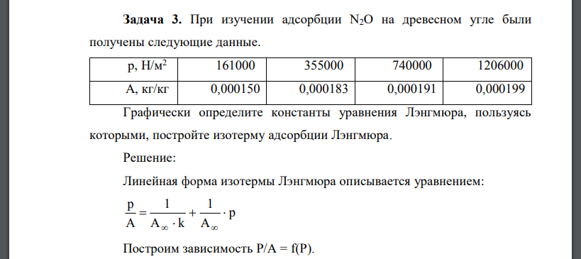 При изучении адсорбции N2O на древесном угле были получены следующие данные