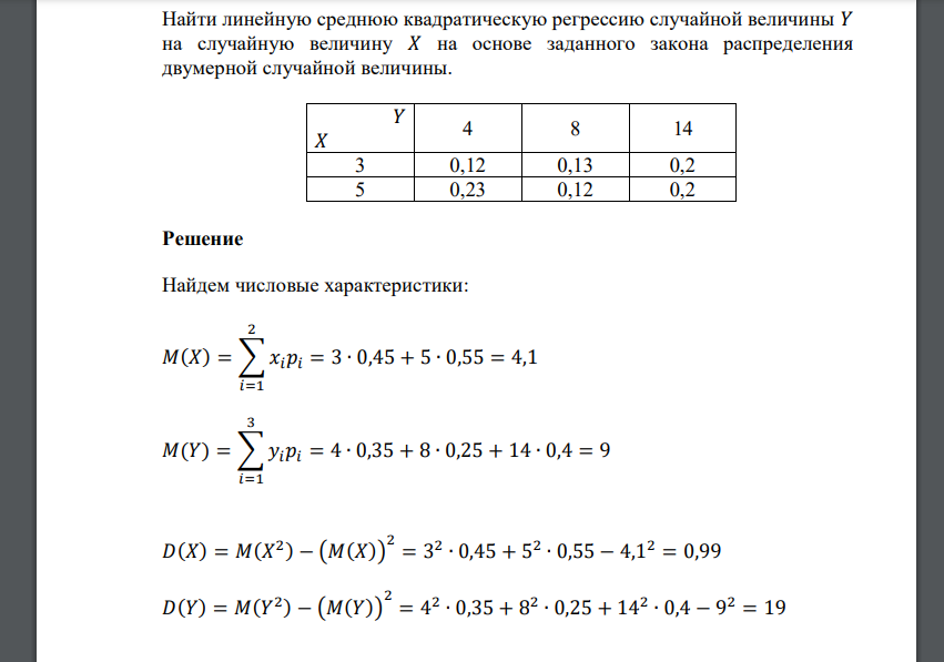 Найти линейную среднюю квадратическую регрессию случайной величины 𝑌 на случайную величину 𝑋 на основе заданного закона