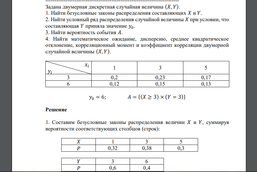 Задана двумерная дискретная случайная величина (𝑋, 𝑌). 1. Найти безусловные законы распределения составляющих 𝑋 и 𝑌