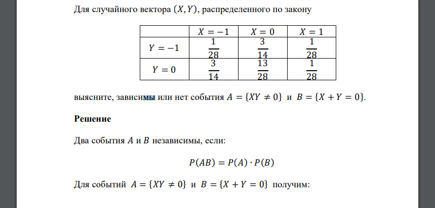 Для случайного вектора (𝑋, 𝑌), распределенного по закону 𝑋 = −1 𝑋 = 0 𝑋 = 1 𝑌 = −1 1 28 3 14 1 28 𝑌 = 0 3 14 13 28 1 28 выясните, зависимы или нет