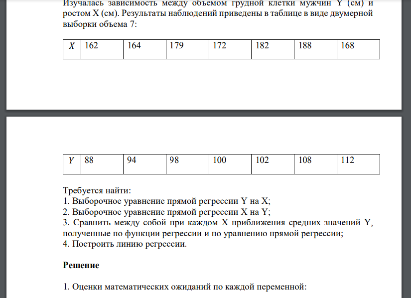 Изучалась зависимость между объемом грудной клетки мужчин Y (см) и ростом Х (см). Результаты наблюдений приведены