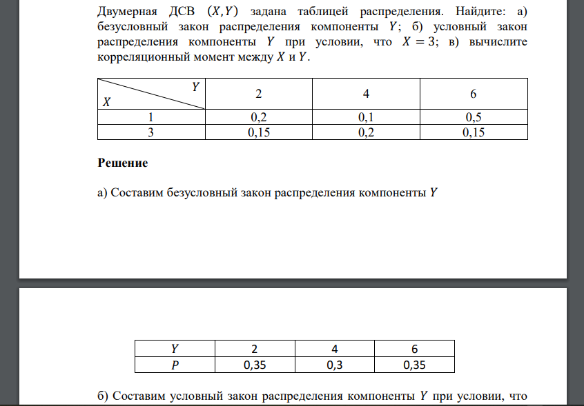 Двумерная ДСВ (𝑋, 𝑌) задана таблицей распределения. Найдите: а) безусловный закон распределения компоненты