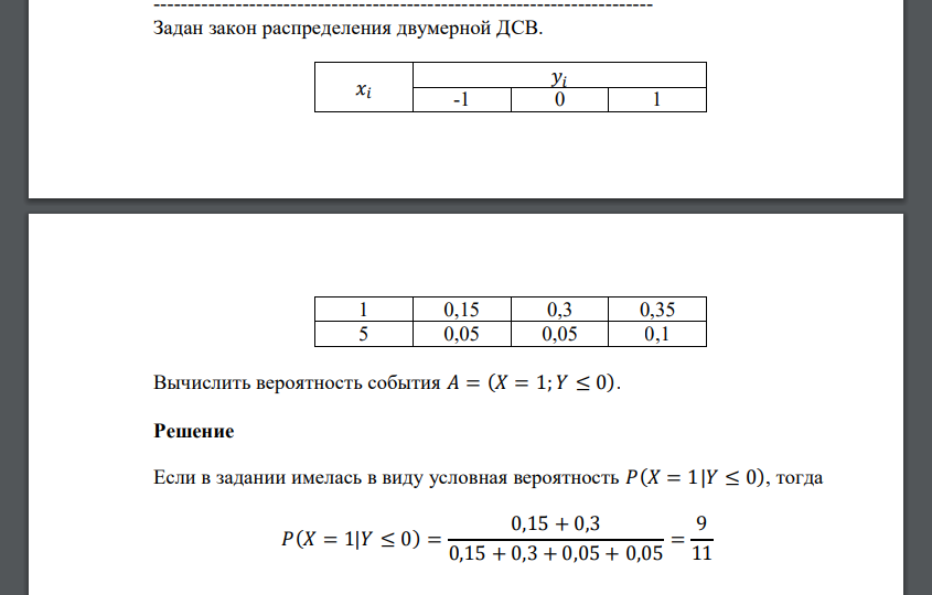 Задан закон распределения двумерной ДСВ. 𝑥𝑖 𝑦𝑖 -1 0 1 1 0,15 0,3 0,35 5 0,05 0,05 0,1 Вычислить вероятность события