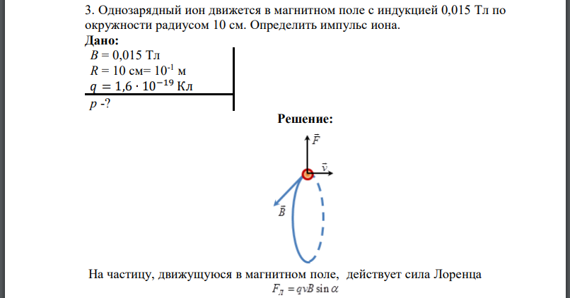 Однозарядный ион движется в магнитном поле с индукцией по окружности радиусом 10 см. Определить импульс иона.