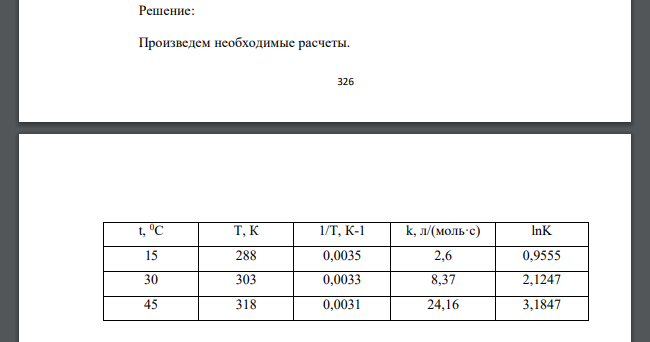 При изучении кинетики реакции F2 + CO →FCO + F была найдена зависимость скорости от температуры: t, 0C 15 30 45 k, л/(моль·с) 2,60 8,37 24,16 Представьте зависимость константы скорости от температуры