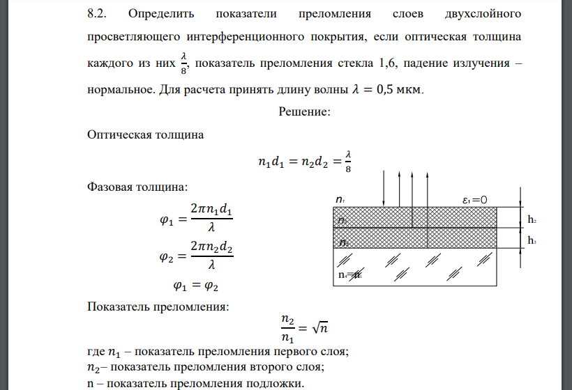 Определить показатели преломления слоев двухслойного просветляющего интерференционного покрытия, если оптическая толщина каждого