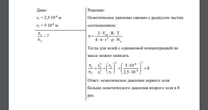 Сравните осмотическое давление двух монодисперсных гидрозолей золота одинаковой концентрации по массе, если радиусы частиц в них равны 2,5∙10-8 м и 5∙10-8 м. Дано: r1 = 2,5∙10-8 м r2 = 5∙10-8 м