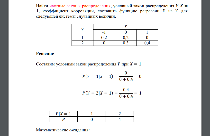 Найти частные законы распределения, условный закон распределения 𝑌|𝑋 = 1, коэффициент корреляции, составить функцию