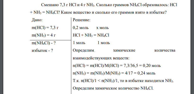 Смешано 7,3 г HCl и 4 г NH3. Сколько граммов NН4Cl образовалось: HCl + NH3 = NH4Cl? Какое вещество и сколько его граммов взято в избытке?