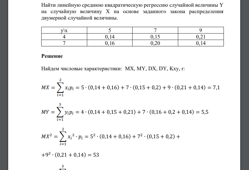 Найти линейную среднюю квадратическую регрессию случайной величины Y на случайную величину X на основе