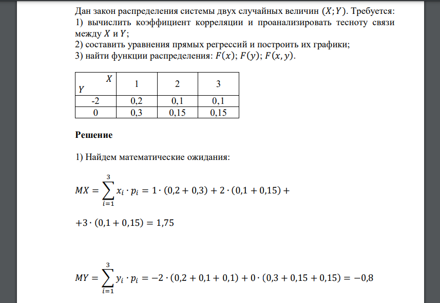 Дан закон распределения системы двух случайных величин (𝑋; 𝑌). Требуется: 1) вычислить коэффициент корреляции