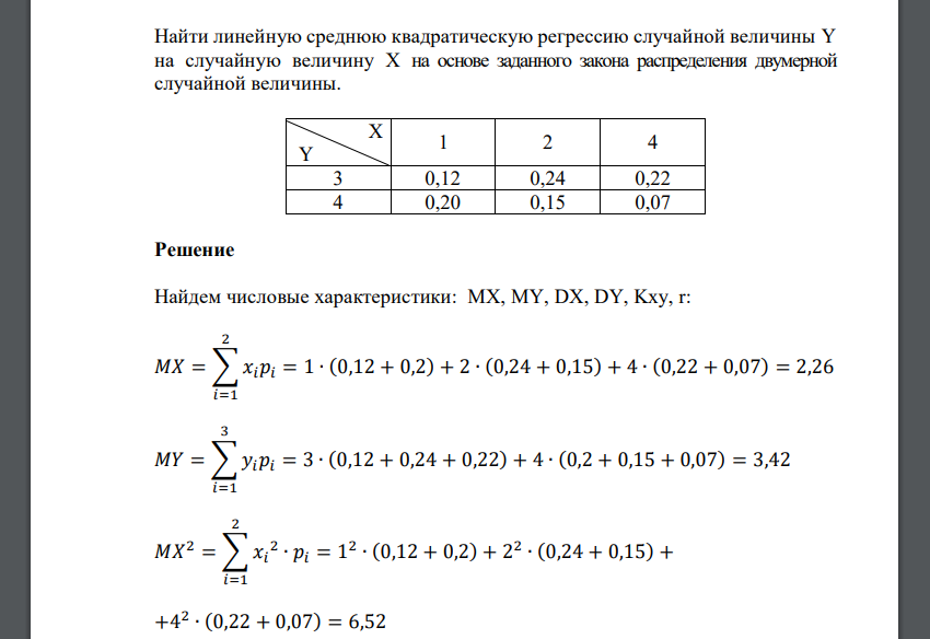 Найти линейную среднюю квадратическую регрессию случайной величины Y на случайную величину X на основе заданного закона распределения