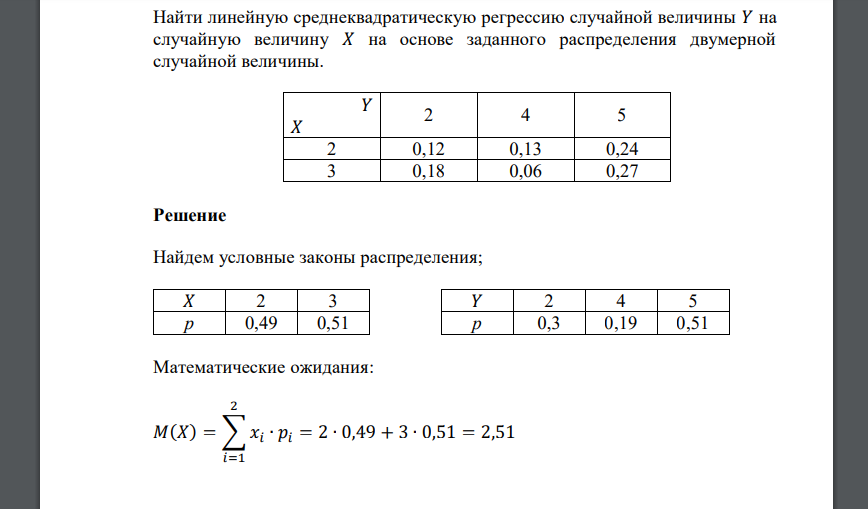 Найти линейную среднеквадратическую регрессию случайной величины 𝑌 на случайную величину 𝑋 на основе заданного распределения двумерной