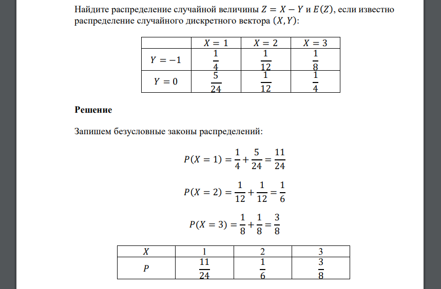 Найдите распределение случайной величины 𝑍 = 𝑋 − 𝑌 и 𝐸(𝑍), если известно распределение случайного дискретного вектора