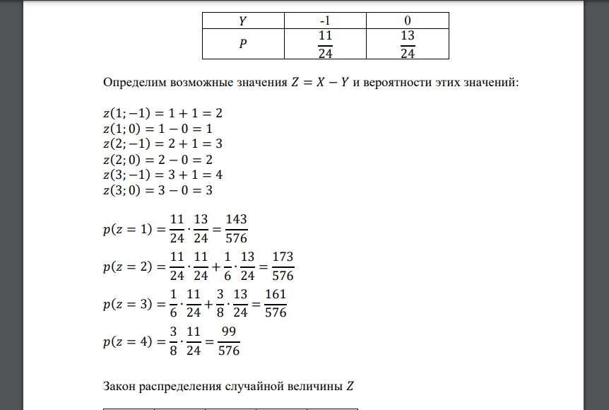 Найдите распределение случайной величины 𝑍 = 𝑋 − 𝑌 и 𝐸(𝑍), если известно распределение случайного дискретного вектора